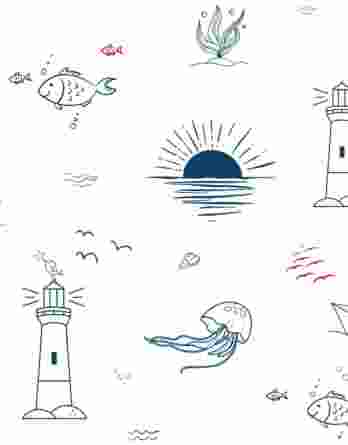 Meterware ab 25cm: 0,25m maritimer Baumwollstoff mit Fische, Leuchtturm und Boote am Meer – Meerestiere, Muscheln, Rochen, Quallen, usw. – Sommer Kinderstoff – Digital – Ökotex – Happy Sea